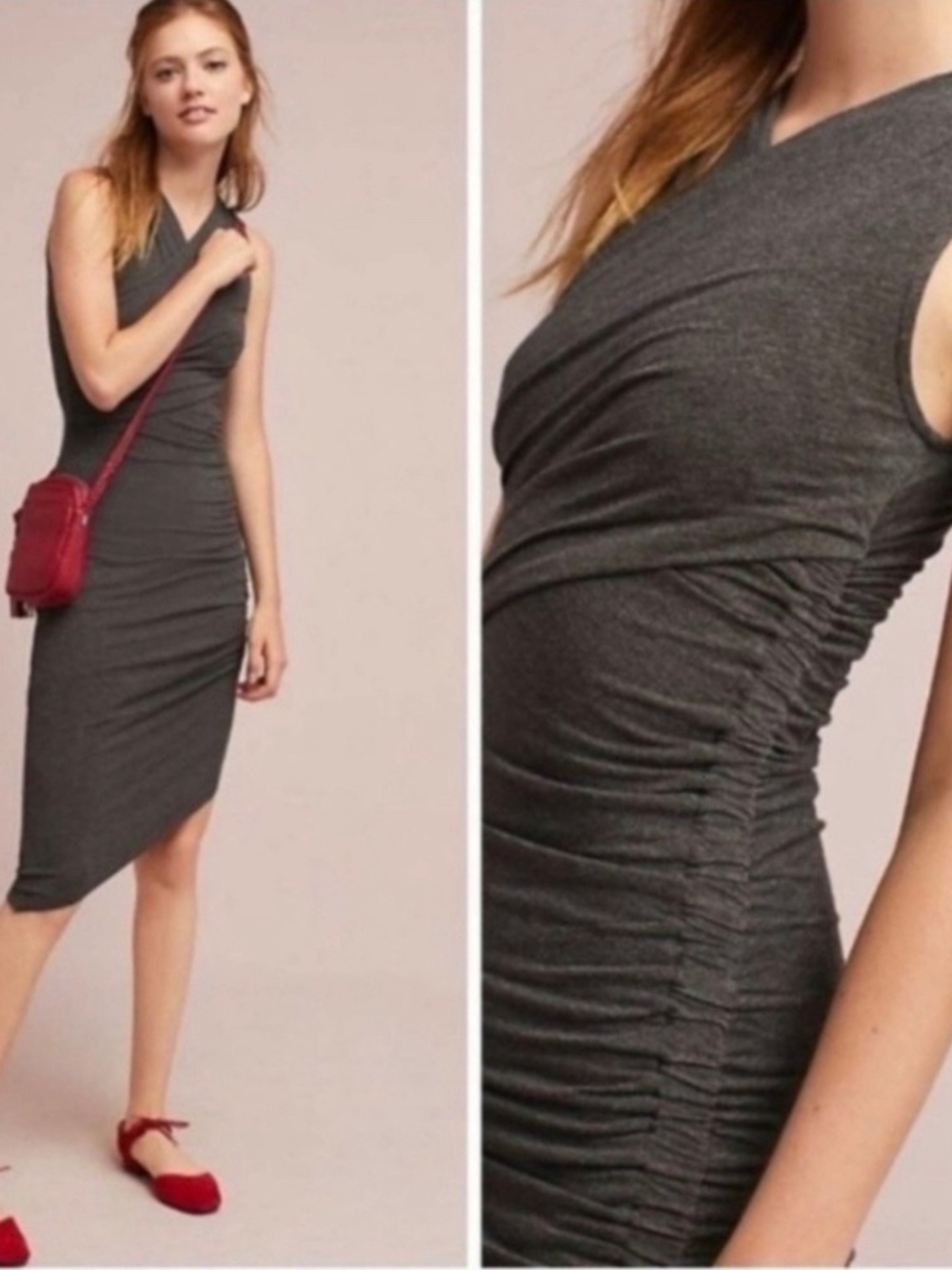 Moulinette Soeurs Sleeveless Ruched Asymmetrical Dress in Charcoal XS